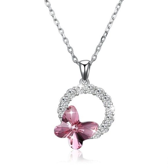 No Brand Jewelry - 925 Silver Real Swarovski Pink Butterfly Necklace